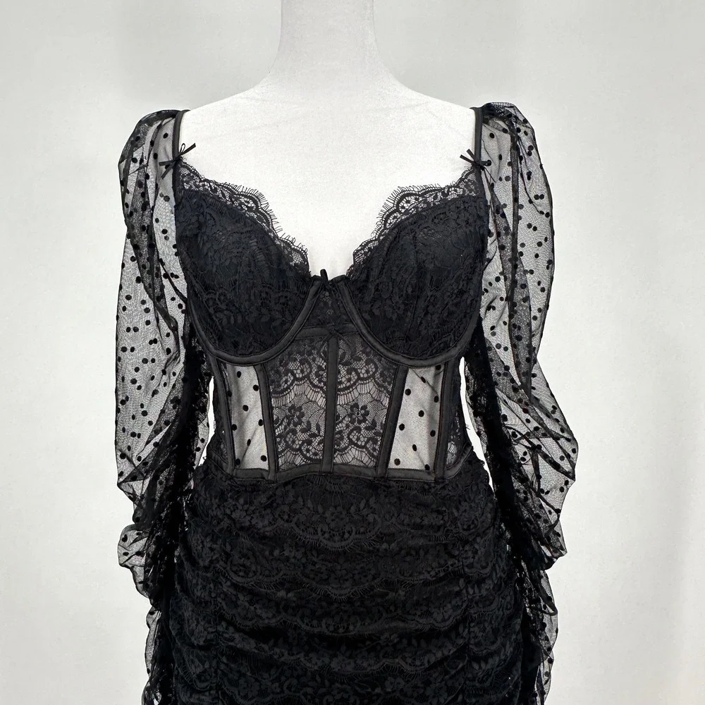 For Love & Lemons Black Lace Polka Dot Corset Sheer Ruched Mini Dress Womens L - Picture 3 of 11
